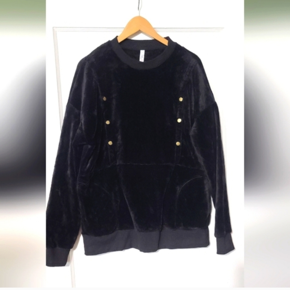 Latched Mama- Plush Black Velour Pullover with Brass Snap Buttons- Large